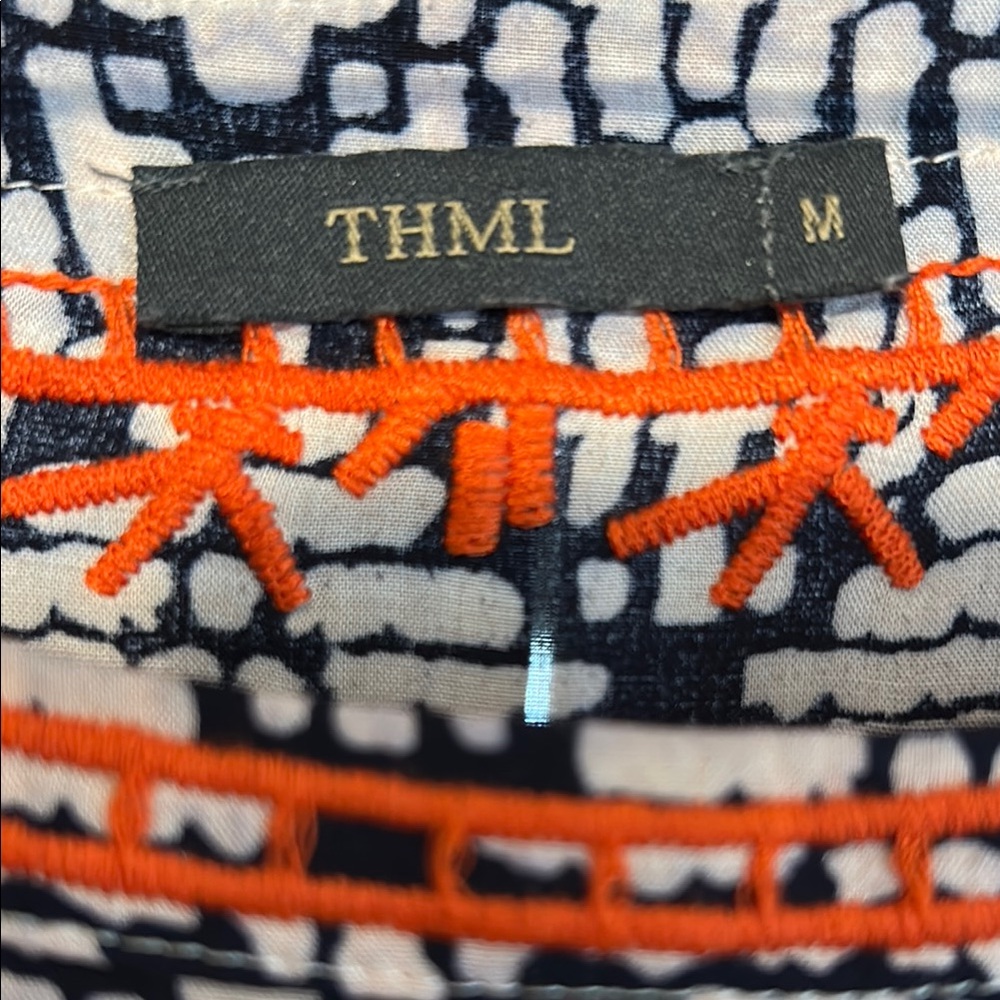 THML Navy Blue and White Geometric Dress with Orange Accents Size M - 100% Rayon - Picture 2 of 4